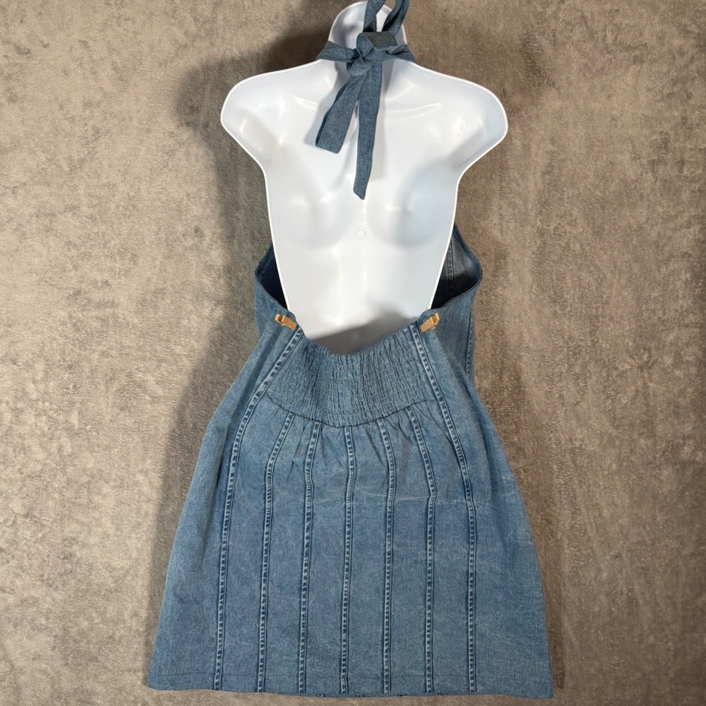 Maeve Anthropologie Blue Denim Halter Dress Floral Embroidered Smocked XL Boho - Picture 2 of 16